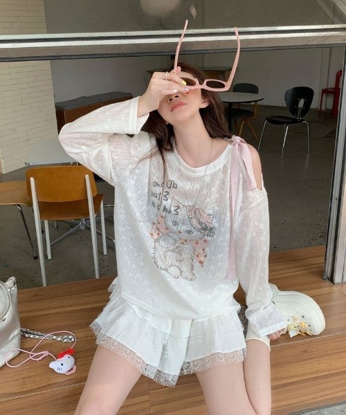 Ritzy（リッツィー）の「リボンショルダーシアープリントトップス（Tシャツ/カットソー・レディース・ホワイト・M/L）」の11枚目の写真