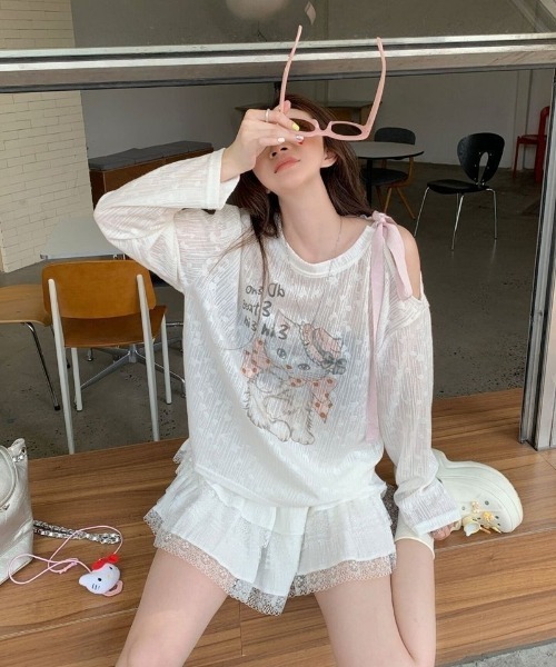 Ritzy（リッツィー）の「リボンショルダーシアープリントトップス（Tシャツ/カットソー・レディース・ホワイト・M/L）」の13枚目の写真