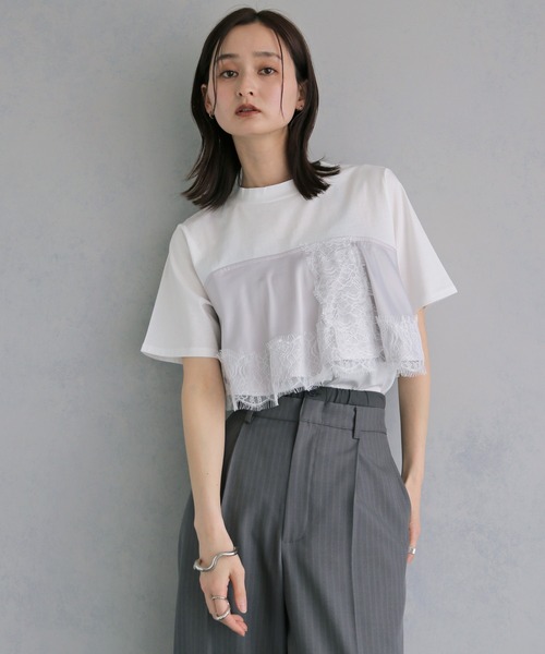 &g'aime（アンジェム）の「【&ｇ'aime 】サテンビスチェレイヤードT　Satin Bustier Layered Tee（Tシャツ/カットソー・レディース・ホワイト/ブラック・FREE）」の2枚目の写真