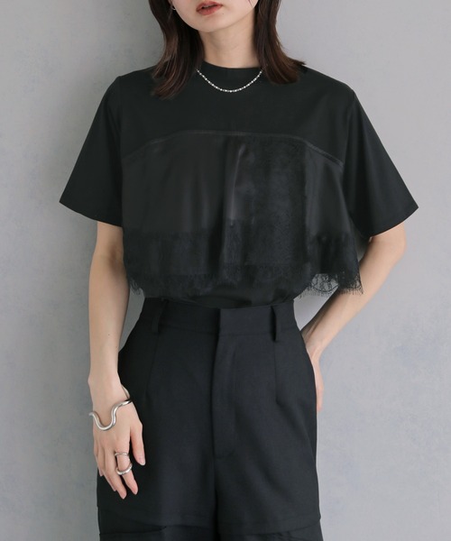 &g'aime（アンジェム）の「【&ｇ'aime 】サテンビスチェレイヤードT　Satin Bustier Layered Tee（Tシャツ/カットソー・レディース・ホワイト/ブラック・FREE）」の4枚目の写真