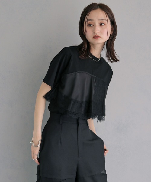 &g'aime（アンジェム）の「【&ｇ'aime 】サテンビスチェレイヤードT　Satin Bustier Layered Tee（Tシャツ/カットソー・レディース・ホワイト/ブラック・FREE）」の6枚目の写真