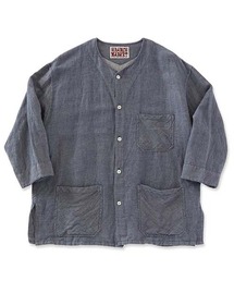 リネンデニムノーカラー ハーフスリーブシャツ