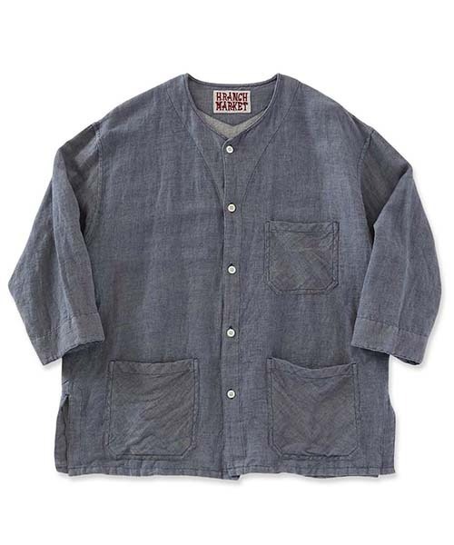 HOLLYWOOD RANCH MARKET(ハリウッドランチマーケット)の「リネンデニムノーカラー ハーフスリーブシャツ(シャツ/ブラウス・メンズ・インディゴブルー・M/S/L)」の1枚目の写真