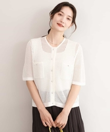 [洗える]メッシュ編み半袖ジャケットライクニット