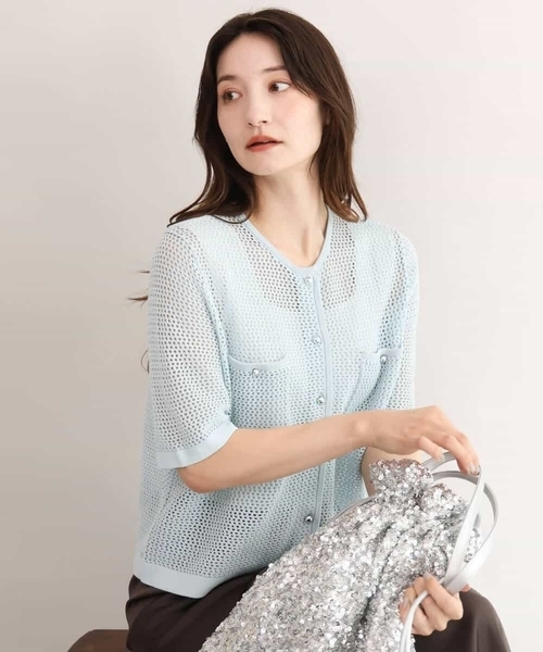 MK MICHEL KLEIN（エムケーミッシェルクラン）の「[洗える]メッシュ編み半袖ジャケットライクニット（カーディガン/ボレロ・レディース・ホワイト/ブラック/ライトブルー・38）」の11枚目の写真