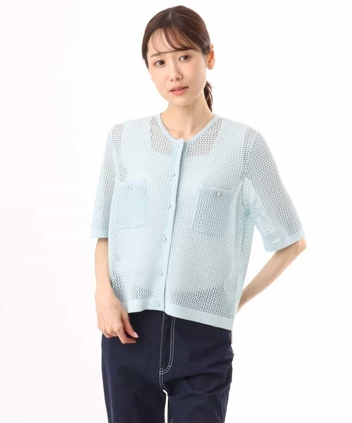 MK MICHEL KLEIN（エムケーミッシェルクラン）の「[洗える]メッシュ編み半袖ジャケットライクニット（カーディガン/ボレロ・レディース・ホワイト/ブラック/ライトブルー・38）」の7枚目の写真