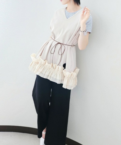 CRYSTAL BALL(クリスタルボール)の「Gathered Hem Sleeveless Tops(Tシャツ/カットソー・レディース・ベージュ/ブラック・FREE)」の11枚目の写真