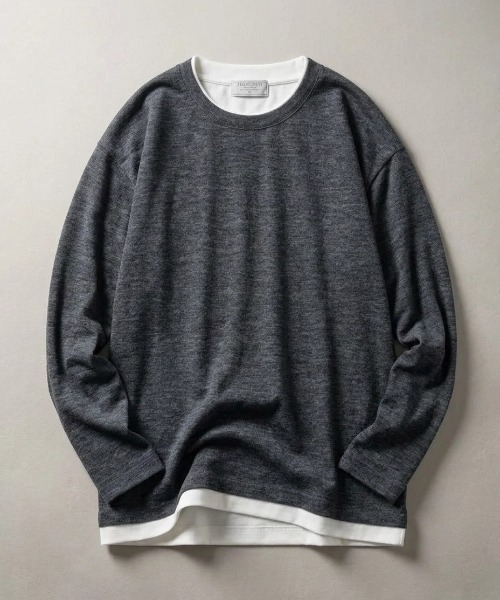 MARUKAWA(マルカワ)の「2026AW Knit Sew Fake Layered Plain Long Sleeve T-Shirt/ニットソー フェイクレイヤード 無地 ロンT 長袖Tシャツ(Tシャツ/カットソー・メンズ・ベージュ/ブラック/チャコール/ネイビー・M/L/LL)」の1枚目の写真
