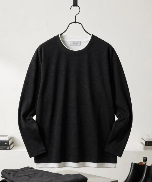 MARUKAWA(マルカワ)の「2026AW Knit Sew Fake Layered Plain Long Sleeve T-Shirt/ニットソー フェイクレイヤード 無地 ロンT 長袖Tシャツ(Tシャツ/カットソー・メンズ・ベージュ/ブラック/チャコール/ネイビー・M/L/LL)」の2枚目の写真