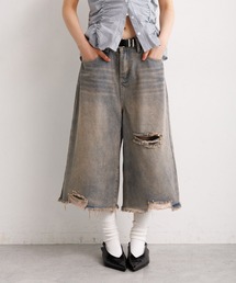ダメージデニムワイドハーフパンツ