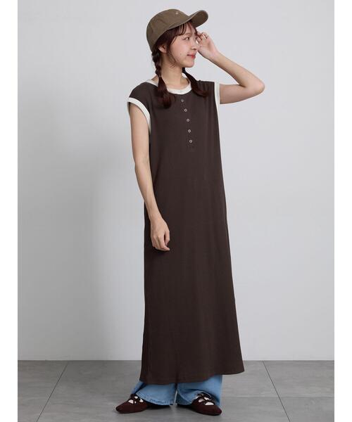 ◇【接触冷感】ヘンリーネック配色リブワンピース（ワンピース