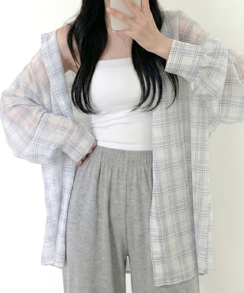 Riff(リフ)の「チェック柄シアーシャツ(シャツ/ブラウス・レディース・グリーン/ホワイト・FREE)」の1枚目の写真