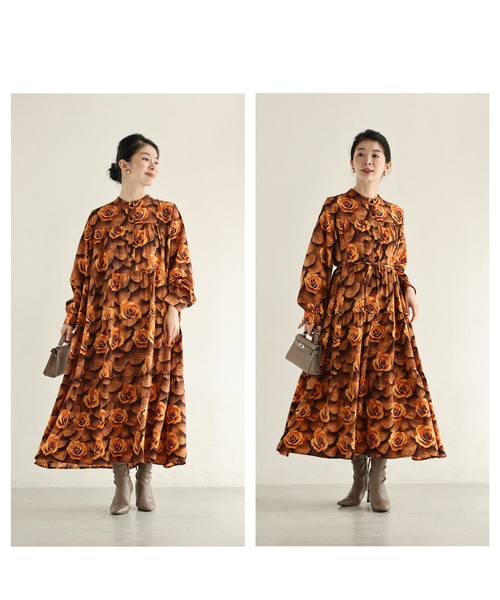 cawaii(カワイイ)の「琥珀色のバラ咲くロングワンピース(紐ベルト付き)(ワンピース・レディース・オレンジ・FREE)」の5枚目の写真