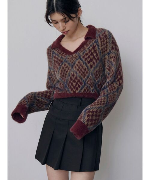 MURUA(ムルーア)の「シャギーチェックポロニット 秋服 冬服(ニット/セーター・レディース・ブラック/ボルドー/ベージュ・FREE)」の1枚目の写真
