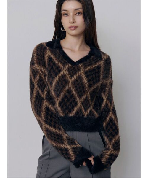 MURUA(ムルーア)の「シャギーチェックポロニット 秋服 冬服(ニット/セーター・レディース・ブラック/ボルドー/ベージュ・FREE)」の2枚目の写真