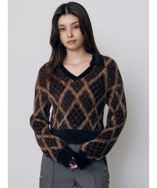 MURUA(ムルーア)の「シャギーチェックポロニット 秋服 冬服(ニット/セーター・レディース・ブラック/ボルドー/ベージュ・FREE)」の4枚目の写真