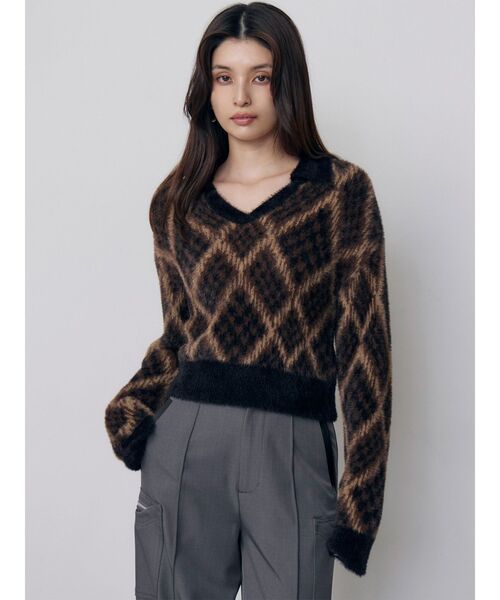 MURUA(ムルーア)の「シャギーチェックポロニット 秋服 冬服(ニット/セーター・レディース・ブラック/ボルドー/ベージュ・FREE)」の5枚目の写真