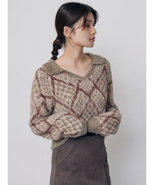 MURUA(ムルーア)の「シャギーチェックポロニット 秋服 冬服(ニット/セーター・レディース・ブラック/ボルドー/ベージュ・FREE)」の15枚目の写真