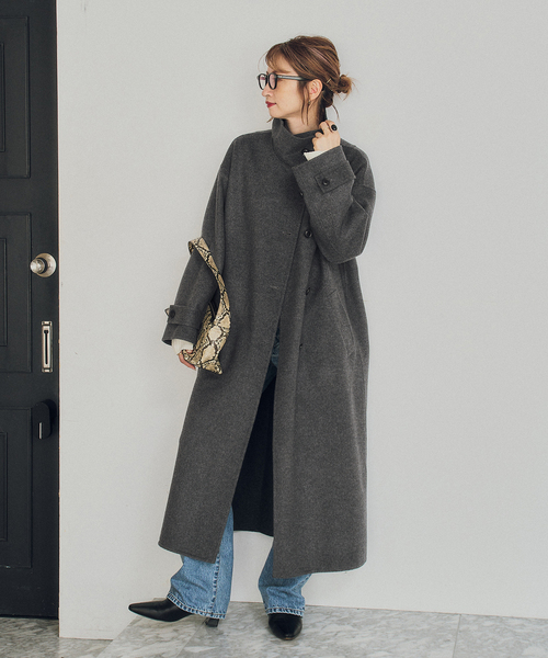 Spick & Span(スピックアンドスパン)の「スタンドカラーリバーロングコート(ノーカラーコート・レディース・チャコールグレー/ネイビー・38/36)」の3枚目の写真