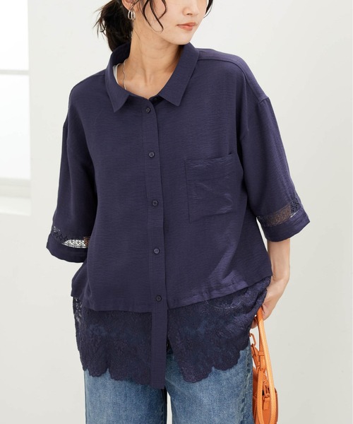 BELLUNA PLUS（ベルーナ）の「袖＆裾レースデザインブラウス（シャツ/ブラウス・レディース・ネイビー/アイボリー・LARGE/MEDIUM/X-LARGE）」の11枚目の写真