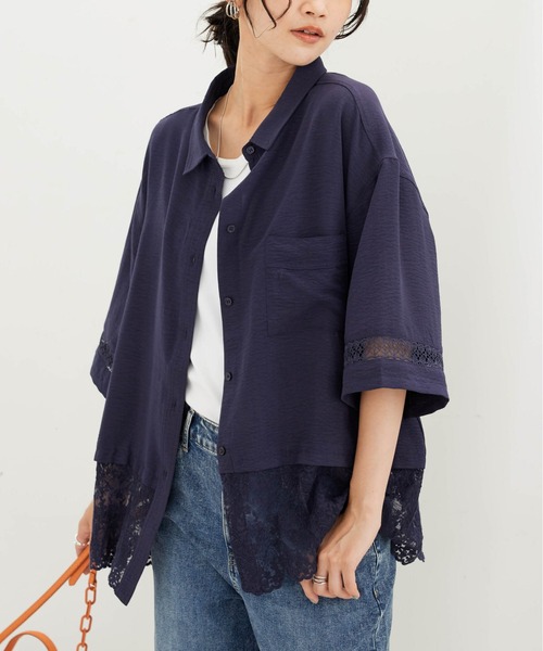 BELLUNA PLUS（ベルーナ）の「袖＆裾レースデザインブラウス（シャツ/ブラウス・レディース・ネイビー/アイボリー・LARGE/MEDIUM/X-LARGE）」の16枚目の写真