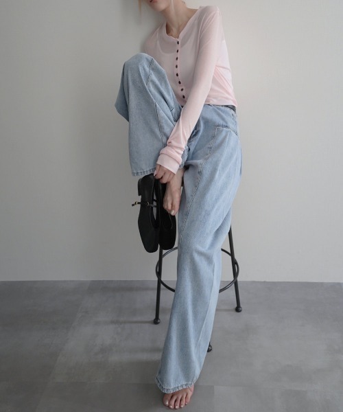 Rashik(ラシク)の「【Rashik】ヘンリーネックシアートップス(Tシャツ/カットソー・レディース・グレー/ホワイト/ブラック/ピンク・FREE)」の14枚目の写真