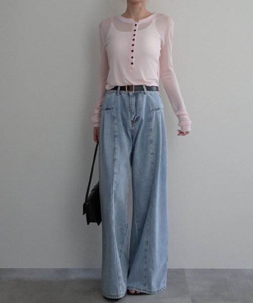 Rashik(ラシク)の「【Rashik】ヘンリーネックシアートップス(Tシャツ/カットソー・レディース・グレー/ホワイト/ブラック/ピンク・FREE)」の15枚目の写真