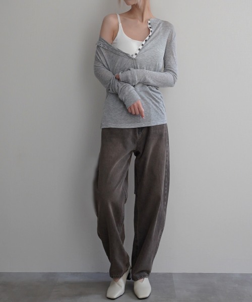 Rashik(ラシク)の「【Rashik】ヘンリーネックシアートップス(Tシャツ/カットソー・レディース・グレー/ホワイト/ブラック/ピンク・FREE)」の19枚目の写真