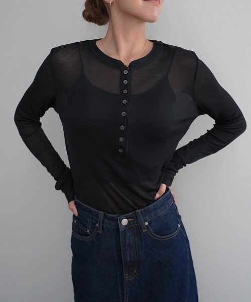 Rashik(ラシク)の「【Rashik】ヘンリーネックシアートップス(Tシャツ/カットソー・レディース・グレー/ホワイト/ブラック/ピンク・FREE)」の21枚目の写真