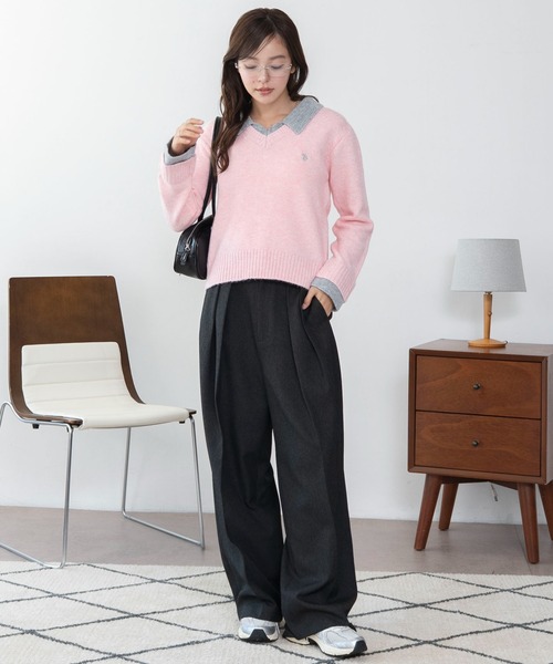 U.S. POLO ASSN.（ユーエスポロアッスン）の「∴WEGO/【26年秋冬新作】U.S.POLO ASSN.別注レイヤードニット（ニット/セーター・レディース・ライトピンク/ブラウン/ネイビー/ライトグレー・FREE）」の18枚目の写真