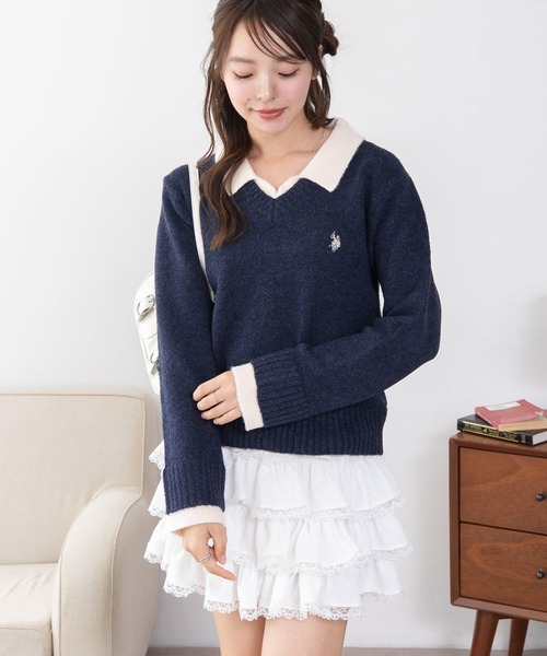 U.S. POLO ASSN.（ユーエスポロアッスン）の「∴WEGO/【26年秋冬新作】U.S.POLO ASSN.別注レイヤードニット（ニット/セーター・レディース・ライトピンク/ブラウン/ネイビー/ライトグレー・FREE）」の19枚目の写真