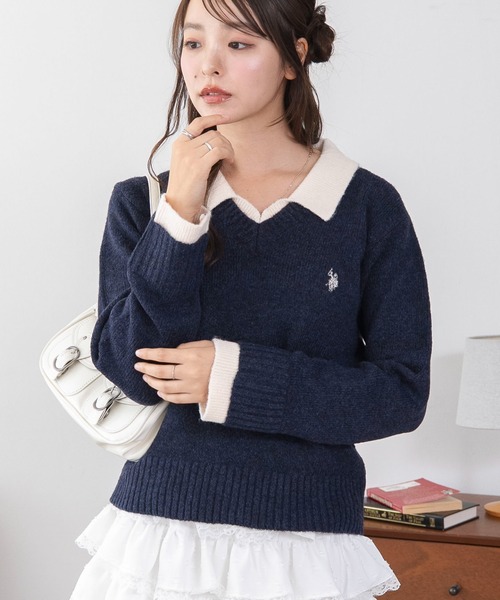 U.S. POLO ASSN.（ユーエスポロアッスン）の「∴WEGO/【26年秋冬新作】U.S.POLO ASSN.別注レイヤードニット（ニット/セーター・レディース・ライトピンク/ブラウン/ネイビー/ライトグレー・FREE）」の21枚目の写真