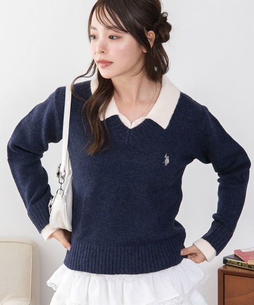U.S. POLO ASSN.（ユーエスポロアッスン）の「∴WEGO/【26年秋冬新作】U.S.POLO ASSN.別注レイヤードニット（ニット/セーター・レディース・ライトピンク/ブラウン/ネイビー/ライトグレー・FREE）」の22枚目の写真