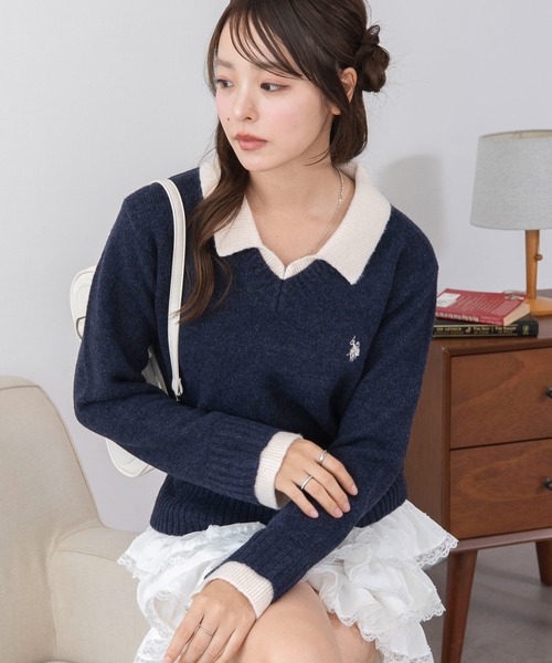 U.S. POLO ASSN.（ユーエスポロアッスン）の「∴WEGO/【26年秋冬新作】U.S.POLO ASSN.別注レイヤードニット（ニット/セーター・レディース・ライトピンク/ブラウン/ネイビー/ライトグレー・FREE）」の20枚目の写真