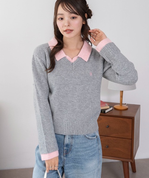 U.S. POLO ASSN.（ユーエスポロアッスン）の「∴WEGO/【26年秋冬新作】U.S.POLO ASSN.別注レイヤードニット（ニット/セーター・レディース・ライトピンク/ブラウン/ネイビー/ライトグレー・FREE）」の5枚目の写真
