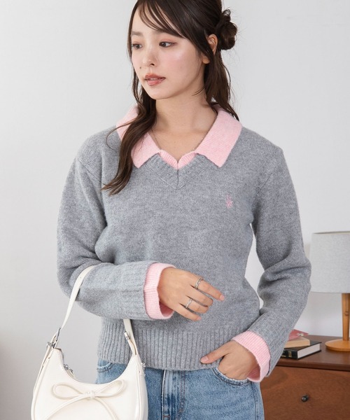 U.S. POLO ASSN.（ユーエスポロアッスン）の「∴WEGO/【26年秋冬新作】U.S.POLO ASSN.別注レイヤードニット（ニット/セーター・レディース・ライトピンク/ブラウン/ネイビー/ライトグレー・FREE）」の8枚目の写真