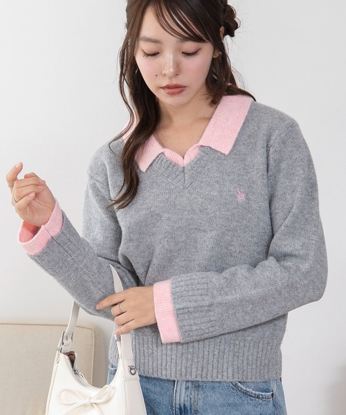 U.S. POLO ASSN.（ユーエスポロアッスン）の「∴WEGO/【26年秋冬新作】U.S.POLO ASSN.別注レイヤードニット（ニット/セーター・レディース・ライトピンク/ブラウン/ネイビー/ライトグレー・FREE）」の6枚目の写真