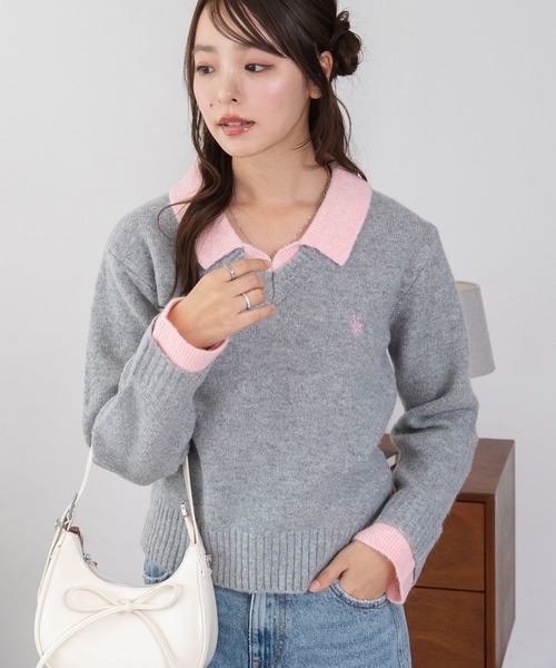 U.S. POLO ASSN.（ユーエスポロアッスン）の「∴WEGO/【26年秋冬新作】U.S.POLO ASSN.別注レイヤードニット（ニット/セーター・レディース・ライトピンク/ブラウン/ネイビー/ライトグレー・FREE）」の7枚目の写真