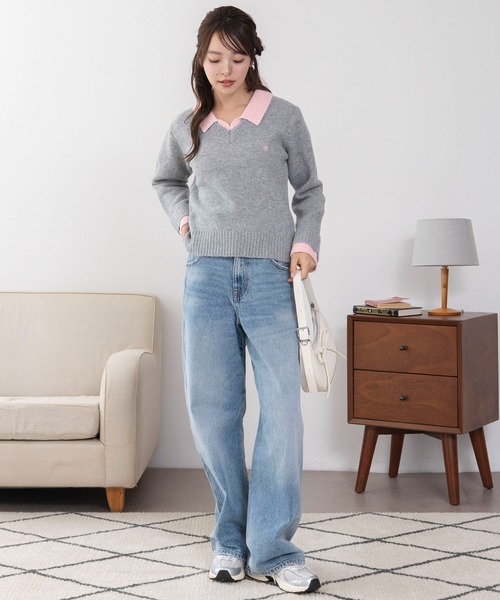 U.S. POLO ASSN.（ユーエスポロアッスン）の「∴WEGO/【26年秋冬新作】U.S.POLO ASSN.別注レイヤードニット（ニット/セーター・レディース・ライトピンク/ブラウン/ネイビー/ライトグレー・FREE）」の9枚目の写真