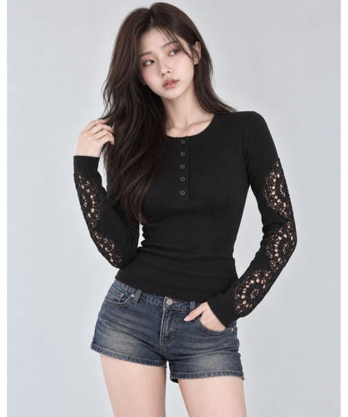 inst.ALL(インストール)の「クロシェスリーブヘンリーネックトップス(Tシャツ/カットソー・レディース・グレー/ブラック・M)」の16枚目の写真