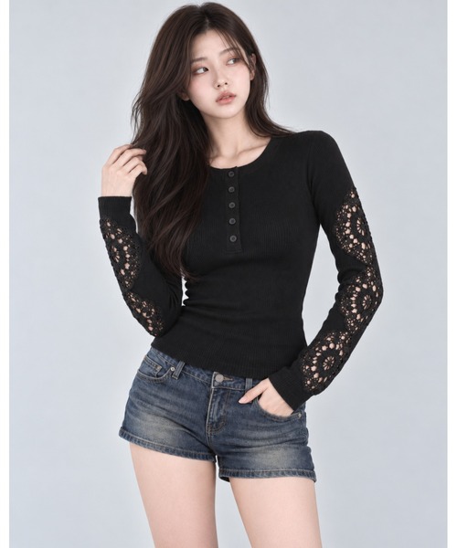 inst.ALL(インストール)の「クロシェスリーブヘンリーネックトップス(Tシャツ/カットソー・レディース・グレー/ブラック・M)」の17枚目の写真