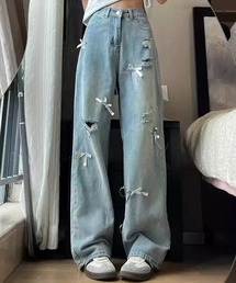 Y2Kリボンデザインダメージワイドデニム
