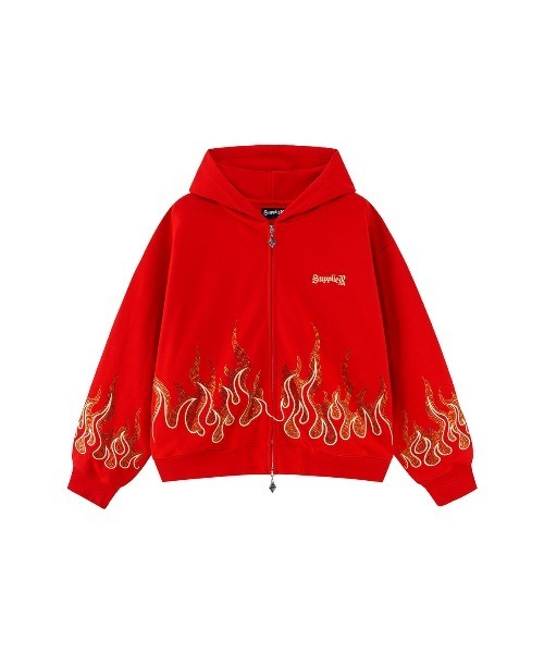 SUPPLIER（サプライヤー）の「ジップフーディ｜Fire Pattern Rhinestone Zip Hoodie｜SUPPLIER（パーカー・メンズ・ブラック/レッド・LARGE/X-LARGE/SMALL/MEDIUM）」の2枚目の写真