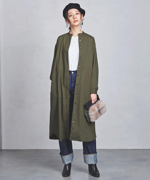 美品 ユナイテッドアローズ ウール混バンドカラーシャツワンピース 36 カーキ UNITED ARROWS（ユナイテッドアローズ）の「UWSC P/R バンドカラー