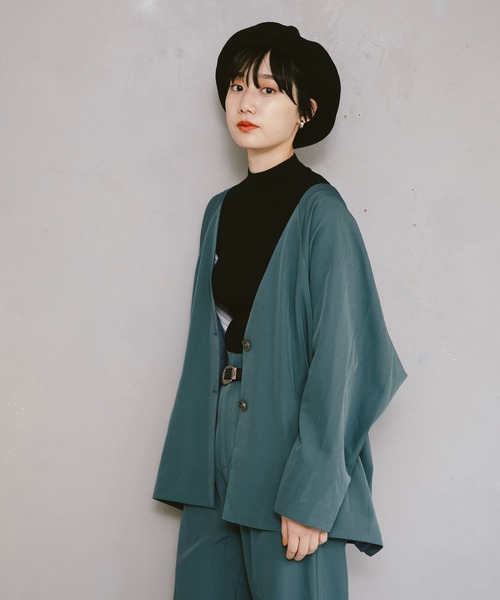 PAGEBOY(ページボーイ)の「セットアップ ドルマンジャケット(ノーカラージャケット・レディース・チャコールグレー/ベージュ/ターコイズブルー・FREE)」の3枚目の写真