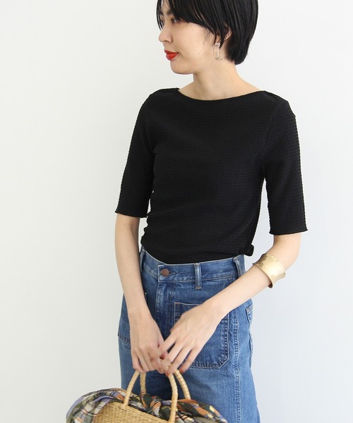 ADAM ET ROPE'(アダムエロペ)の「シャーリングクレーププルオーバー(Tシャツ/カットソー・レディース・ブラック/オフホワイト/オレンジ系その他・FREE)」の2枚目の写真