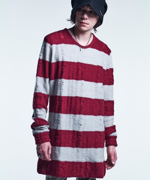 kiryuyrik(キリュウキリュウ)の「Kiryuyrik/キリュウキリュウ /DamageBorder PullOver(ニット/セーター・メンズ・ブラック/レッド・SMALL/MEDIUM/LARGE)」の1枚目の写真
