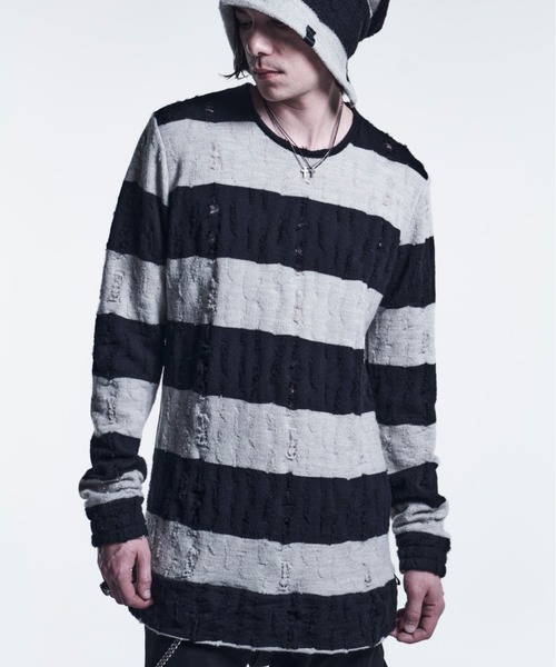 kiryuyrik(キリュウキリュウ)の「Kiryuyrik/キリュウキリュウ /DamageBorder PullOver(ニット/セーター・メンズ・ブラック/レッド・SMALL/MEDIUM/LARGE)」の2枚目の写真