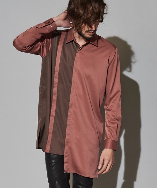 NO ID.（ノーアイディ）の「ms4726-ダブルプラケットロングＳＨ シャツ（シャツ/ブラウス・メンズ・ピンク系その他/ブラック/サックスブルー/パープル・ONE SIZE）」の2枚目の写真