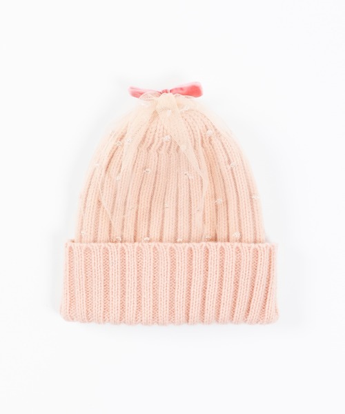 ドット刺しゅうチュール付きニット帽 S L